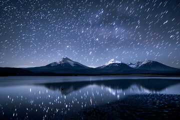 A starry night sky over a serene lake and snowcapped mountains - Powered by Adobe