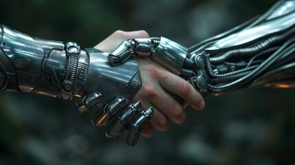 Advancement in technology sees a peaceable handshake between man and robot, signaling an era of friendship and equality with artificial intelligence.