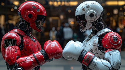 In a display of tech prowess, two robot boxers, wired for combat, size each other up, readying themselves for a high-stakes bout.