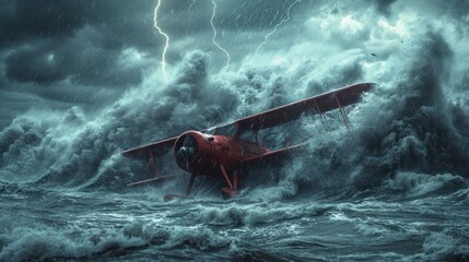 Observe a classic bi-plane trying to take off from choppy ocean waves with a dramatic stormy scene in the background.