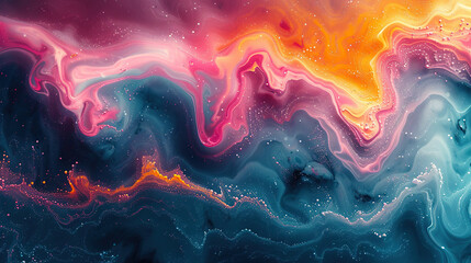 Abstract fluid art background with swirling patterns of vibrant colors, resembling the cosmic beauty of galaxies and nebulae. There is an ethereal glow emanating from within the swirls