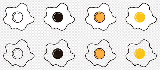 Egg icons vector set in line, flat style. Egg, sunny side up omelet fried egg symbol for cooking in restaurant. Fried egg line icon. Breakfast, yolk, protein. Farm food concept. for organic nutrition.