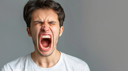 A man is screaming in a white shirt. The man's face is red and his mouth is wide open