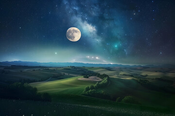 A breathtaking view of the moonlit night sky over rolling hills, with stars twinkling and the full...
