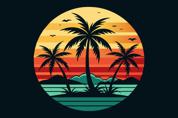 Vintage Summer Palm Beach  Minimalist Vector Illustration