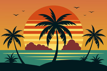 Vintage Summer Palm Beach  Minimalist Vector Illustration