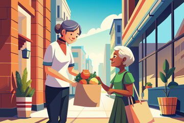 Vibrant Illustration of Young Woman Assisting Elderly Lady with Groceries in City