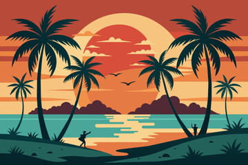 Vintage Summer Palm Beach  Minimalist Vector Illustration