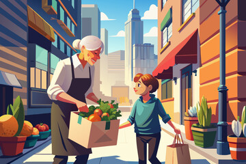 Heartwarming Urban Encounter Between Elderly Vendor and Young Boy