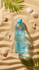 Hydration at the seaside with bottle and scattered seashells on sand