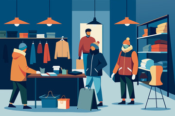 Winter Clothing Store Shopping Experience with Customers and Retail Environment