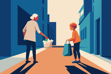 Elderly Woman Meeting Friend on City Street Carrying Shopping Bags