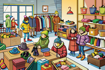 Bustling Winter Clothing Store with Colorful Apparel and Shoppers