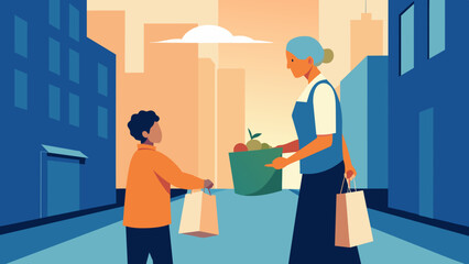 Urban Charity: Volunteer Donating Food to Child in City. Elderly woman being helped by a young neighbor with groceries, showing a bustling city street in the background