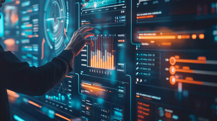Obraz premium businessman is examining financial data while touching the business growth graph