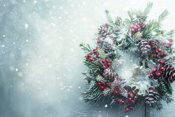 Obraz na płótnie Canvas Joyful Christmas wreath on a soft transparent white surface, ideal for holiday invitations