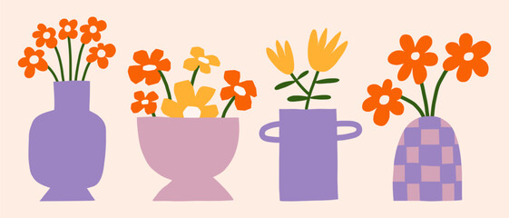 Bright flowers bouquet in vases vector art set. Trendy groovy floral illustration. Flat botanical elements