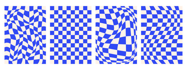 Groovy psychedelic blue checkerboard vector backgrounds set. Retro 70s abstract wavy checkered prints