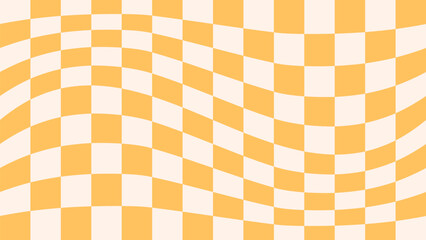 Retro psychedelic checkerboard vector background. Groovy wavy y2k yellow checkered pattern