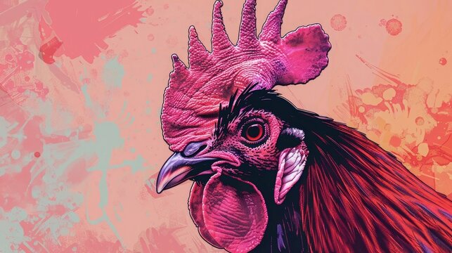 Close-up portrait of a rooster. A domestic bird is looking at something. Illustration with distorted fisheye effect. Design for cover, card, postcard, decor or print