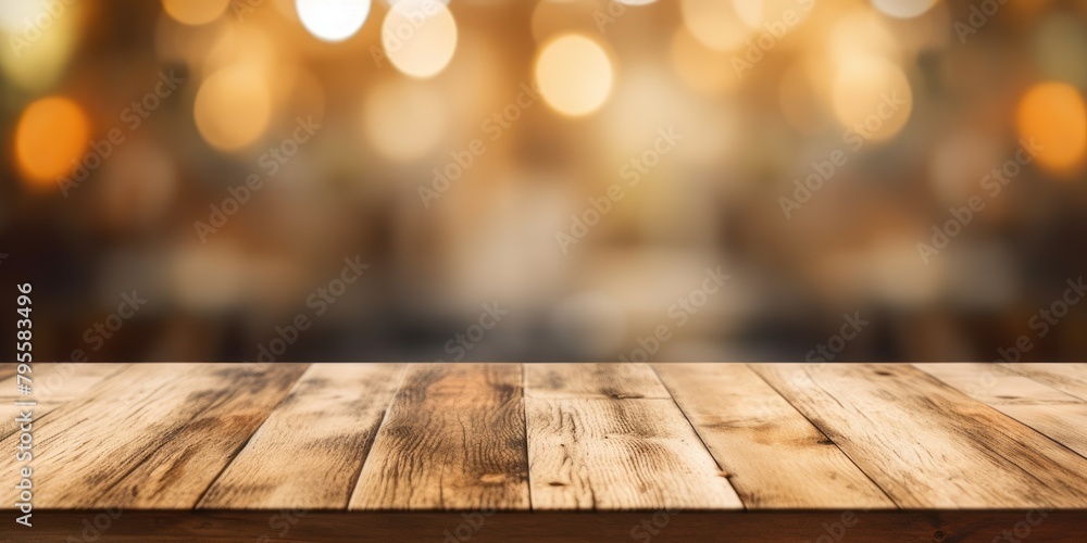 Poster the empty wooden table top with blur background of cafe. exuberant image. generative ai