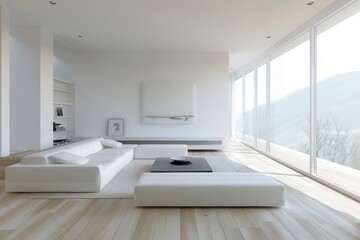 Fototapeta na wymiar Minimalist living room with clean lines and neutral color palette