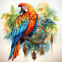Watercolor Parrot & Dreamcatcher Illustration, Generative Ai