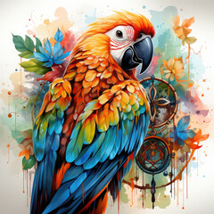 Obraz premium Watercolor Parrot & Dreamcatcher Illustration, Generative Ai