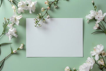 Stylish elegant flat lay olive green floristic greeting invitation post card with copy space mockup.