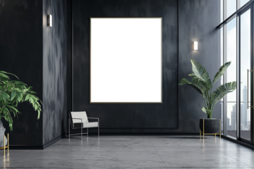 Modern living room interior with black walls marble floor and poster frame mockup
