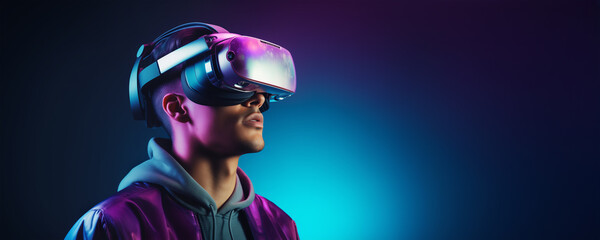 A young man wearing VR headset, playing with his goggles in a futuristic cyber world - Virtual reality, innovation and new technology abstract concept - 795584016