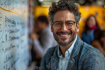 Fototapeta premium Confident professional man in denim smiles with a marker in a bustling office space