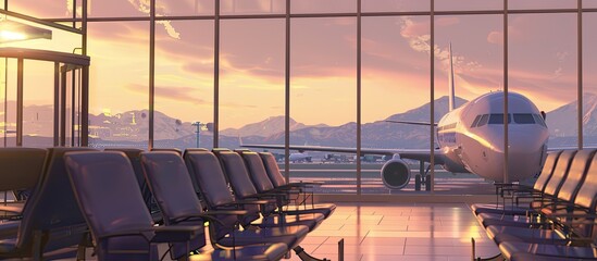 An empty waiting room in a small airport against the background of a standing plane and a sunset with mountains.
