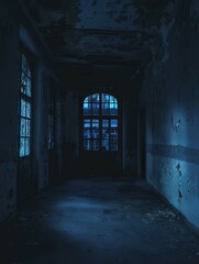 Abandoned Mental Institution at Night Exuding Haunting Halloween Aura