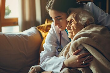 A young granddaughter comforts and hugs an old grandmother lying in bed. Taking care of the older generation.