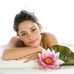 A young woman with makeup poses with a flower on a white background.Generated by AI.