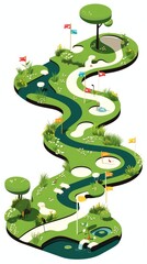 Detailed isometric mini golf course with colorful flags and putters, serene pond, ideal for resort marketing