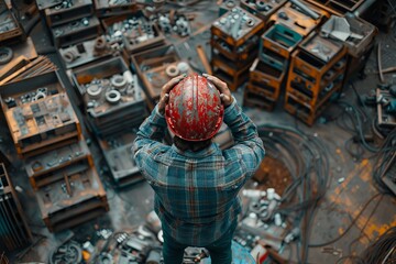 A worker grasps his red hard hat amidst a chaotic array of industrial equipment and machine parts