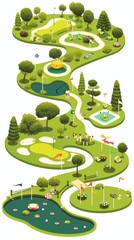 Detailed isometric mini golf course with colorful flags and putters, serene pond, ideal for resort marketing