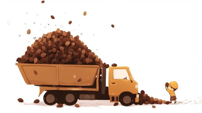 Imaginative macro photography capturing a little boy managing an enormous pile of peanuts with a miniature truck, playful labor concept