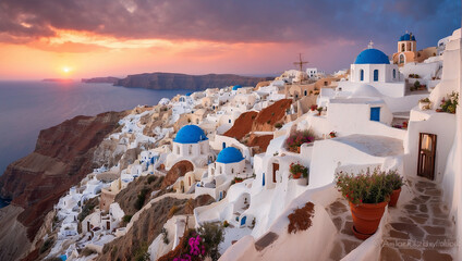 Fototapeta premium The image shows a beautiful sunset over a town built on a cliffside. The town has whitewashed buildings with blue domes and there is a large body of water in the background.