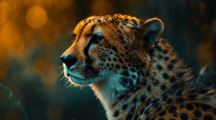 the cheetah’s intense focus and the serene, powerful atmosphere created by the sunset lighting. Generative AI