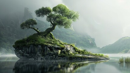 Enchanted Misty Island Landscape with Evergreen Tree on Rocky Cliff Overlooking Serene Lake