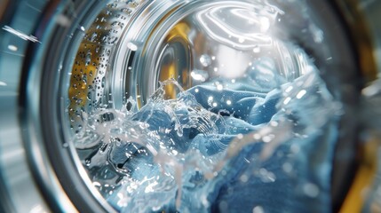 Inside view of a washing machine drum with water, and clothes,