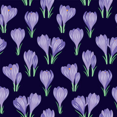 Vector seamless pattern with spring crocus flowers on a dark blue background
