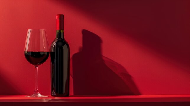 Bottle and glass of red wine on a red background. Copy space.