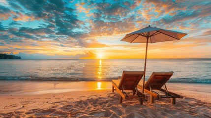 A beach scene with two lounge chairs and an umbrella. The sky is orange and the water is calm