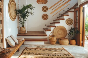 Modern entrance hall adorned with bohemian flair, featuring a wooden staircase intertwined with rustic decor accents
