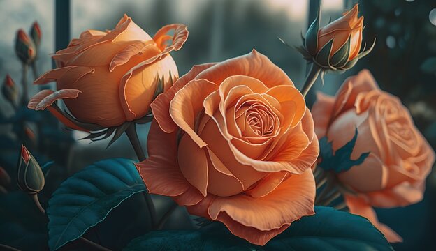 There are three orange roses with green leaves and buds in the image. The roses are in focus and have a blurred background.

