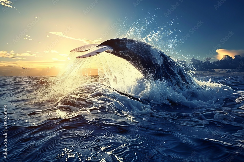 Poster refreshing splash of water from a diving whale in the open ocean